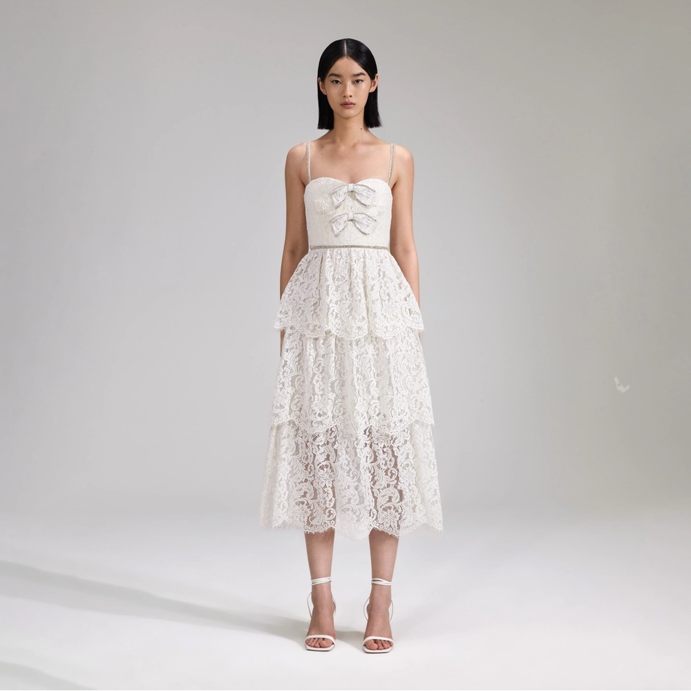 Self Portrait Bow White Lace Tiered Dress 6